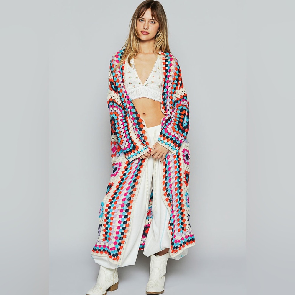LAST 2! . POL MULTICOLOR CROCHET CARDIGAN SWEATER DUSTER square  boho bohemian - Picture 2 of 4